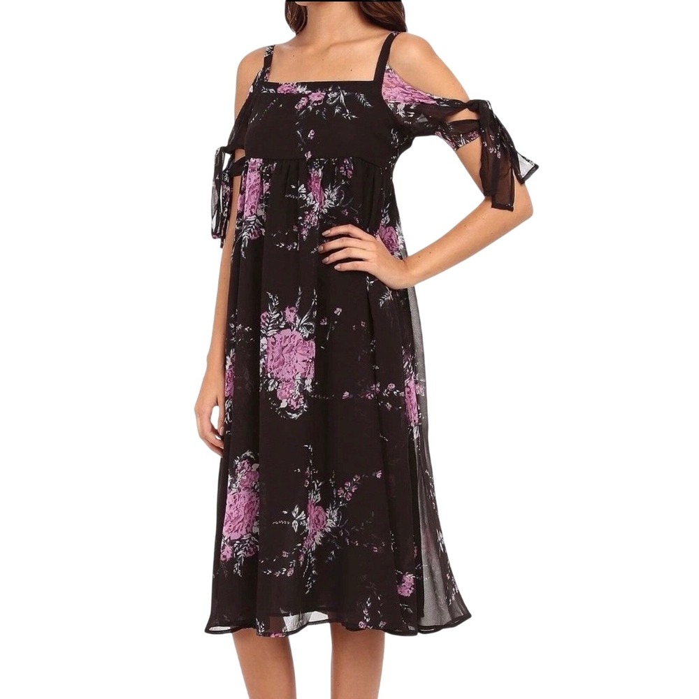 NWT Free People Tied to You Floral Cold Shoulder Midi Dress Black Purple XS